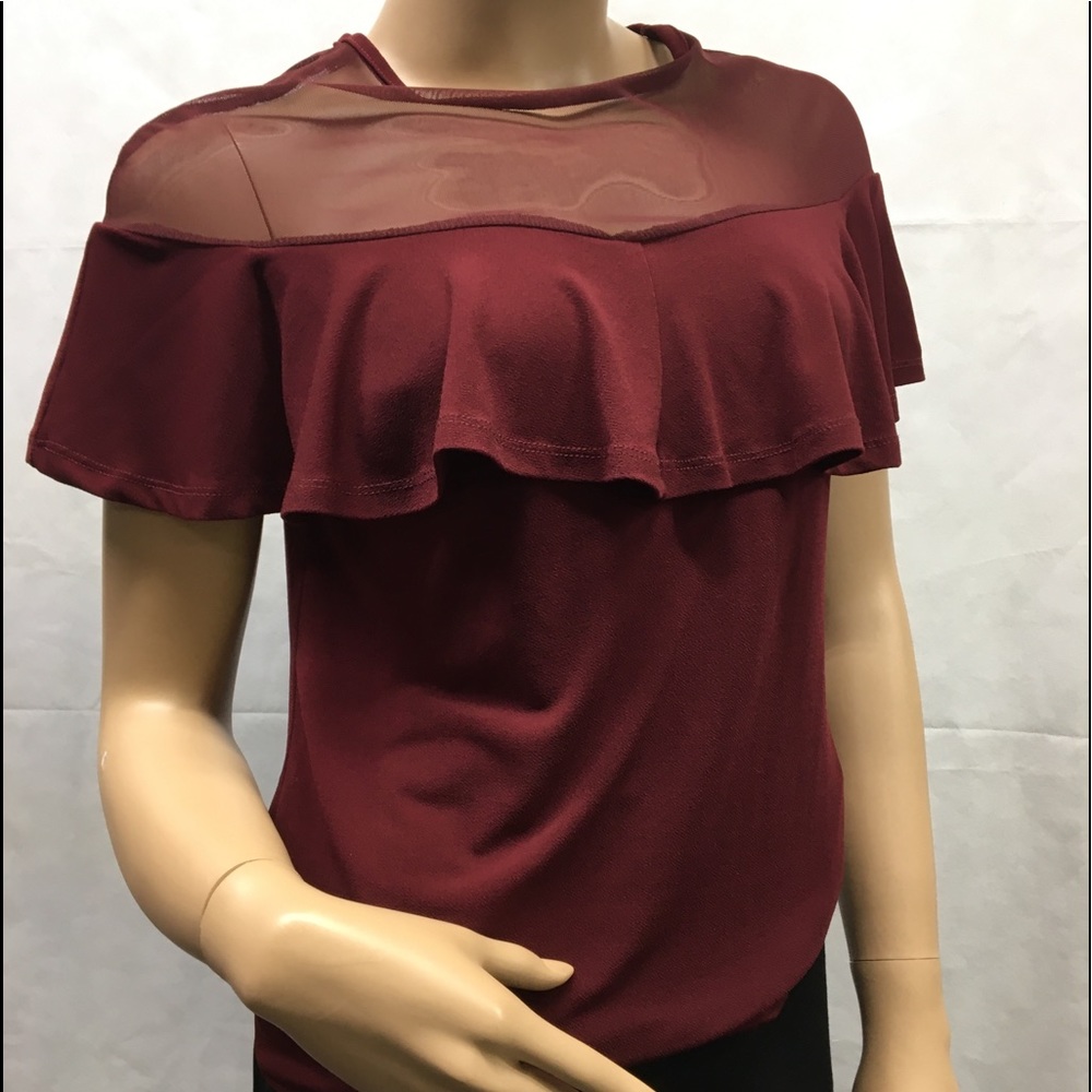 Sweet Rain Burgundy Sheer Ruffled Top NWOT